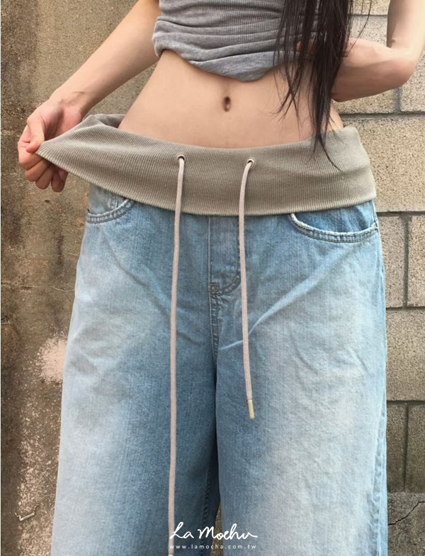 腰頭拼接反摺抽繩牛仔褲